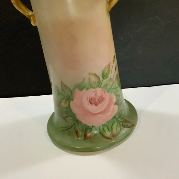 Large Vase Porcelain Roses Gold tone Trim Signed 12 inches Tall Vintage